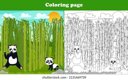 Printable coloring page for kids with japanese scene with panda bear eating bamboo and cute little bear, worksheet for school children books in cartoon style, wildlife theme, zoo animals