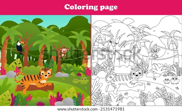 Printable coloring page for kids with jungle
paradise scene with cute toucan bird and tiger sitting on tree
trunk, worksheet for school children books in cartoon style,
wildlife theme, zoo
animals