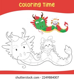 Printable coloring page for kids. Rabbit rides the Chinese dragon and holding two lanterns. Chinese New Year, happy lunar new year. Vector illustration.