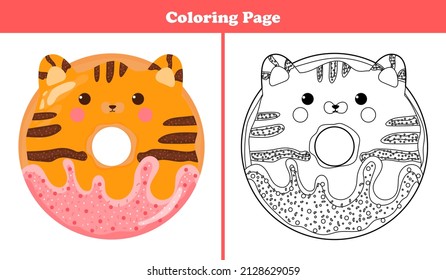 Printable coloring page for kids with sweet tiger or red cat shape donut with icing and chocolate in cartoon style, game