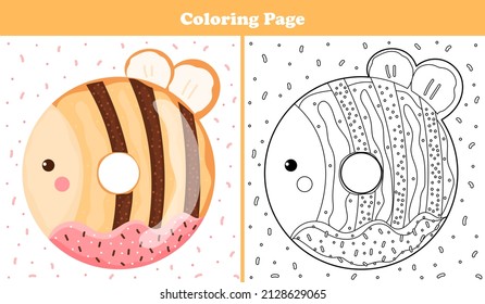 Printable coloring page for kids with sweet bee shape donut with icing and chocolate in cartoon style, game