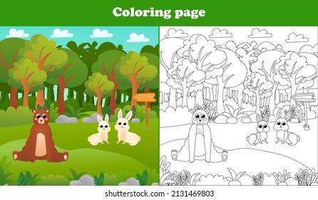 Printable coloring page for kids with woodland scene with bear and cute rabbits, worksheet for school children books in cartoon style, wildlife theme, zoo animals