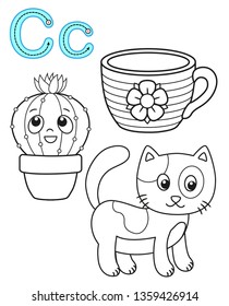 Printable coloring page for kindergarten and preschool. Card for study English. Vector coloring book alphabet. Letter C. Cat, cup, cactus