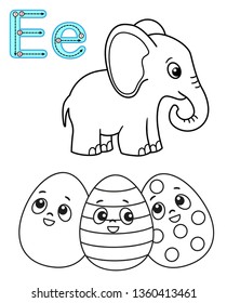 Printable coloring page for kindergarten and preschool. Card for study English. Vector coloring book alphabet. Letter E. elephant, Easter egg