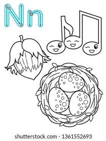 Printable coloring page for kindergarten and preschool. Card for study English. Vector coloring book alphabet. Letter N. nuts, notes, nest