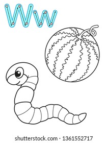 Printable coloring page for kindergarten and preschool. Card for study English. Vector coloring book alphabet. Letter W. watermelon, worm