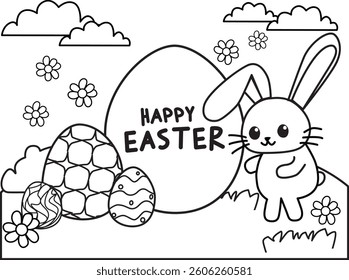 Printable coloring page line art happy easter with bunny character and pattern eggs in lovely weather outside vector