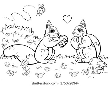 Printable coloring page outline of cute cartoon squirrels in love in a clearing. Vector image. Coloring book of forest wild animals for kids