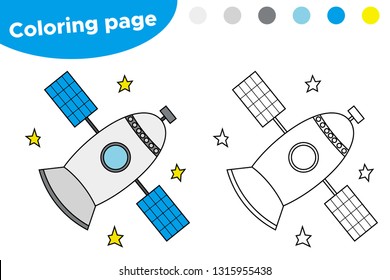 Printable coloring page with satellite. Educational game for preschool kids. Space day. Vector illustration.