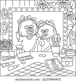Printable coloring page showing a bear and fox with facial masks in a bathroom taking a selfie. Fun self-care and spa activity scene for children