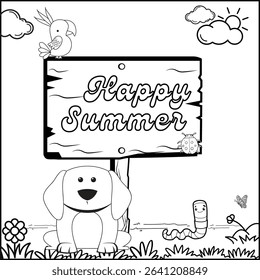 Printable coloring page summer concept. Coloring book activity. Outline vector illustration. Black and white happy summer, bird, dog, flowers. Coloring book for adult and kids.