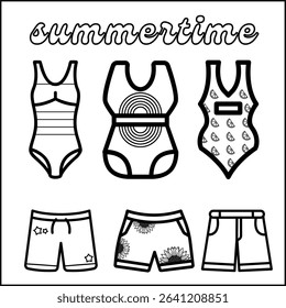 Printable coloring page summer concept. Coloring book activity. Outline vector illustration. Black and white swimsuit. Coloring book for adult and kids.