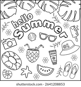 Printable coloring page summer concept. Coloring book activity. summer elements outline vector illustration. Black and white coloring book for adult and kids.