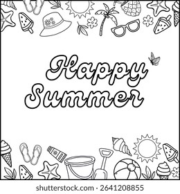 Printable coloring page summer concept. Coloring book activity. Summer elements outline vector illustration. Happy summer. Coloring book for adult and kids.