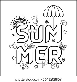 Printable coloring page summer concept. Coloring book activity. summer elements outline vector illustration. Black and white coloring book for adult and kids.