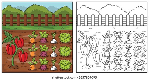 Conceito de verão da página colorida imprimível. Atividade de livro de cores. Ilustração do vetor de contorno. Linha preta e branca paisagem natural, campo de vegetais. Livro de colorir para adultos e crianças.