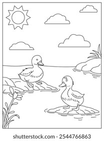página de coloração imprimível de dois patos em um rio para crianças