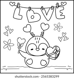 Printable coloring page for Valentine's day with cute penguin and candy. Coloring book activity. Happy Valentine. Outline illustration.