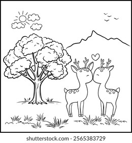 Printable coloring page for Valentine's day with cute deer and tree. Coloring book activity. Happy Valentine. Outline illustration.