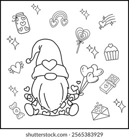 Printable coloring page for Valentine's day with cute character, candy and more. Coloring book activity. Happy Valentine. Outline illustration.