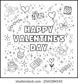 Printable coloring page for Valentine's day with heart balloon, cupcake and more. Coloring book activity. Happy Valentine. Outline illustration.