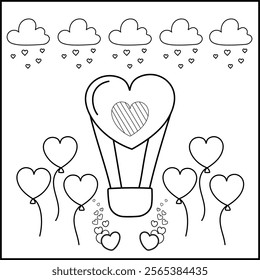 Printable coloring page for Valentine's day with heart balloon and clouds. Coloring book activity. Happy Valentine. Outline illustration.