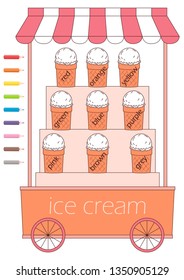 Printable coloring page/ vector illustration/ learning color/ educational card for kids/ paper game for children/ flat design ice cream trolley book