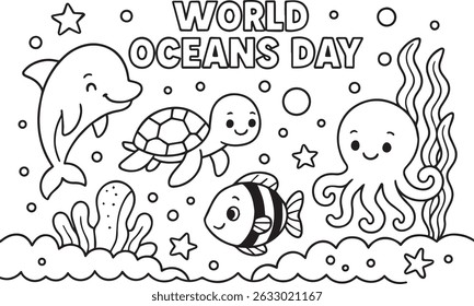 Página colorida imprimível para o conceito do Dia Mundial do Oceano. Atividade de livro de cores. Ilustração vetorial de contorno. coral, golfinho, peixe, concha, arraia. Linha preta e branca de vida no oceano.