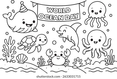 Página colorida imprimível para o conceito do Dia Mundial do Oceano. Atividade de livro de cores. Ilustração vetorial de contorno. coral, peixe, águas-vivas, tartaruga marinha, arraia. Linha preta e branca de vida no oceano.