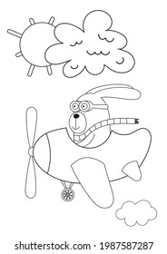 Printable coloring pages for kids coloring book. Little bunny pilot flying in airplane vector illustration