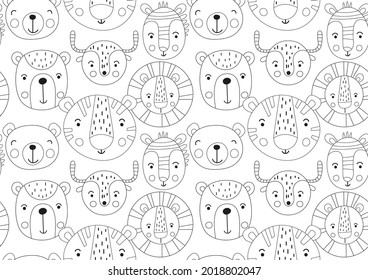 Printable coloring pages for kids seamless pattern. Safari animals lion, tiger, zebra, deer, bear. Vector illustration. Painting for kids.