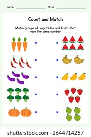 Contagem imprimível e planilha de correspondência de frutas e legumes. Conte e combine frutas e verduras com o mesmo número. Uma atividade de contagem divertida para habilidades iniciais de matemática e correspondência visual para crianças.