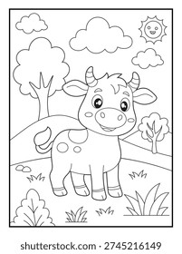 Printable Cow Coloring Sheet for Toddlers. Cute Farm Animal Nature Scene Line Art for Children.