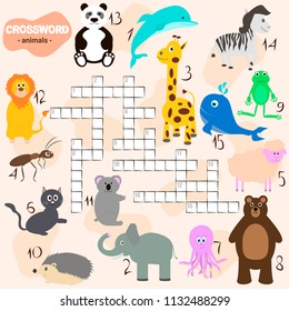 Printable crossword with cute cartoon animals. Preschool education game for kids. Colorful vector illustration of puzzle