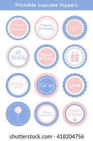 Printable cupcake toppers. Vector set of cupcake toppers for birthday party