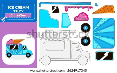 Printable cut and glue activity with paper model of an ice cream truck. Fun DIY craft puzzle game for kids to build, color, and play with construction vehicles.