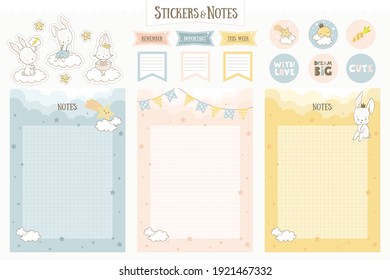 Printable cute collection of stickers and notebook pages. Cute bunny and stars. Vector templates for planner. 