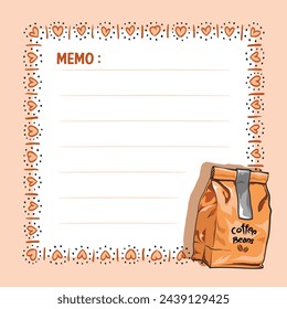 Printable cute note with clipart of cafe theme illustration, Suitable for cafe note. Hand drawn of coffee bean bags Illustration.