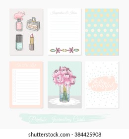 Printable cute set of filler cards with flowers, makeup, jewelry and beauty accessories. Vector templates for planner, planner, planner, planner, planner, planner, planner, planner, planner, planner