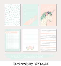 Juego de tarjetas de relleno con flores, unicornio, puntos de polka, rayas. Modelos vectoriales para planificador, planificador, planificador, planificador, planificador, planificador, planificador, planificador, planificador, planificador, planificador