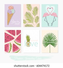 Printable cute summer set of filler cards with flamingo, palm trees and summer elements. Vector templates for posters, flyers, banner designs, journal cards, scrapbook, planner, diary journaling. 