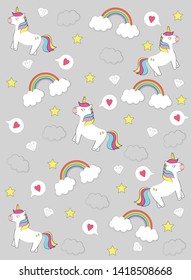 printable cute unicorn,diamonds, rainbow,clouds, love vector design background illustration