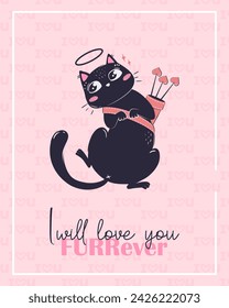 Printable cute valentine's day card template with black cat. Lettering pun I will love you furrever