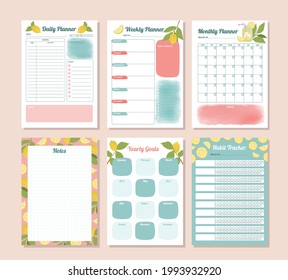 Printable Daily, Monthly, Yearly, Habit tracker Planner with Watercolor Lemon Illustration