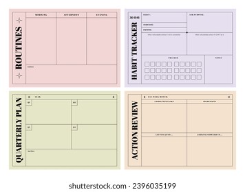 Printable Daily Routine Planner Vector Template Collection with Habit Tracker for Personal Reflection, Notepad, Memo Paper, Journaling, School Schedule, Business, and Productivity Kit