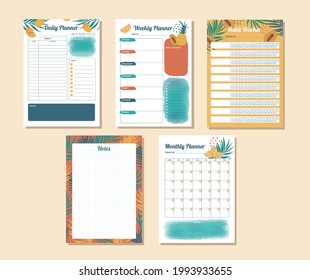 Printable, Daily, Weekly, Monthly and habit tracker planner with watercolor tropical illustration