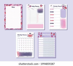 Printable daily, weekly, monthly, habit tracker planner with watercolor strawberry illustration and design 