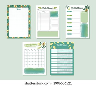 Printable daily, weekly, monthly, habit tracker planner in watercolor avocado teal color design illustration 