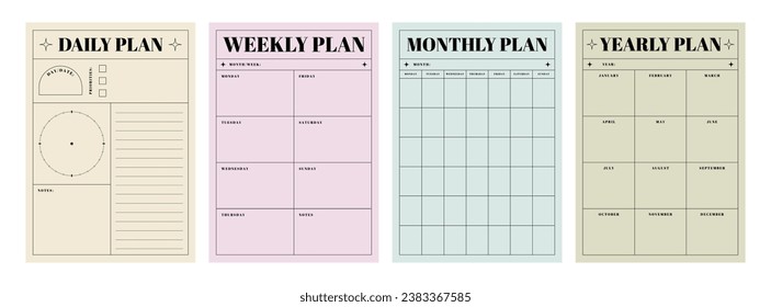 Printable Daily, Weekly, Monthly, Yearly Planner Vector Template Collection for Notepad, Memo Paper, Habit Tracker, Journaling, School Schedule, Business, and Productivity Kit