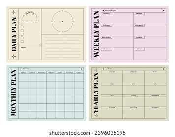 Printable Daily, Weekly, Monthly, Yearly Planner Vector Template Collection for Notepad, Memo Paper, Habit Tracker, Journaling, School Schedule, Business, and Productivity Kit